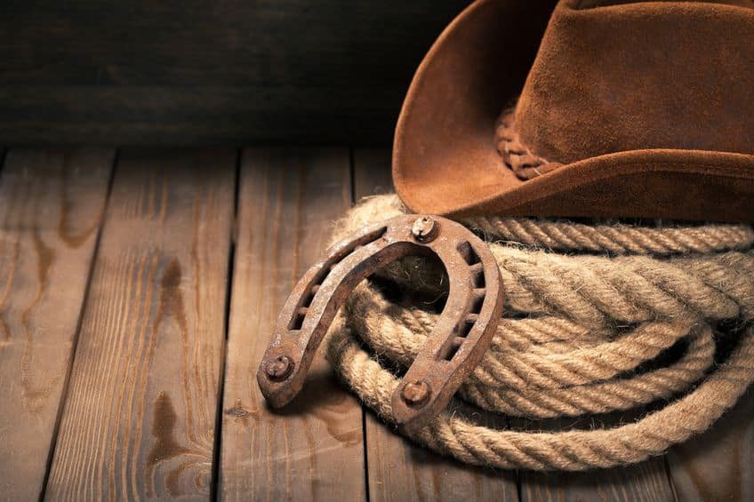 Rustic cowboy hat with old rope and horse shoe.