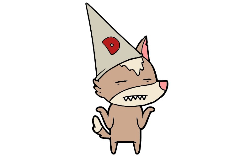 Cartoon of wolf wearing a  dunce hat