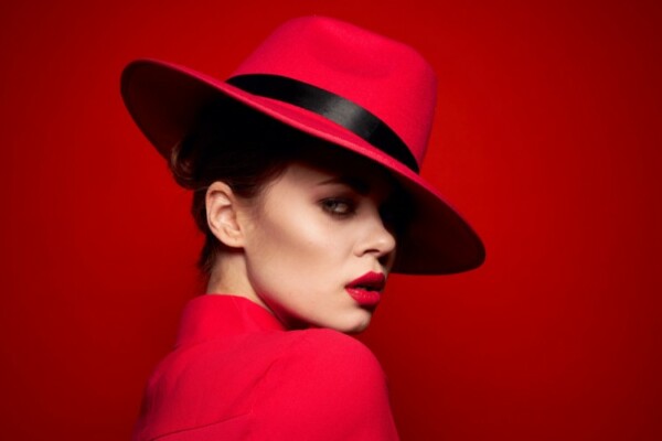 Woman wearing red outfit and red fedora hat