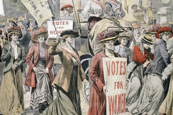 drawing depicting suffragettes marching