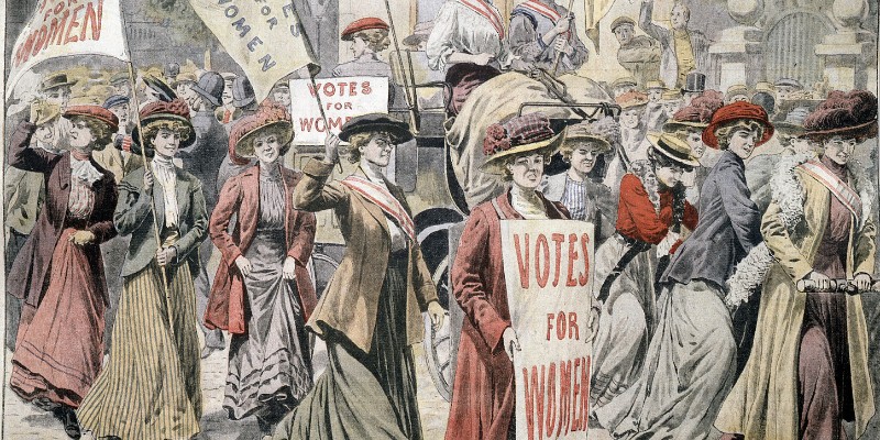 drawing depicting suffragettes marching