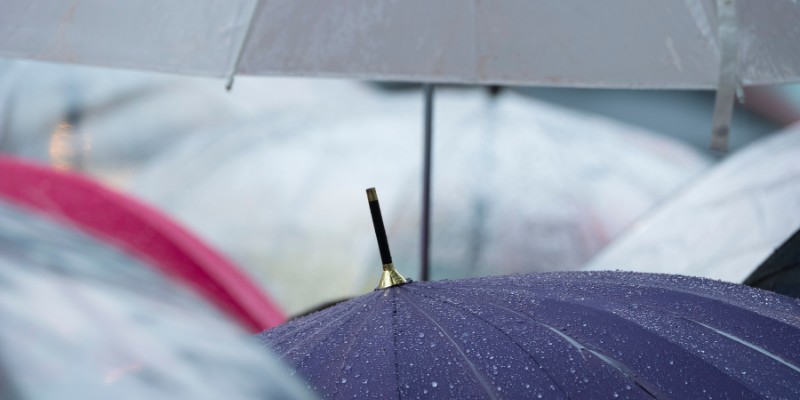 Close up of umbrellas in rain