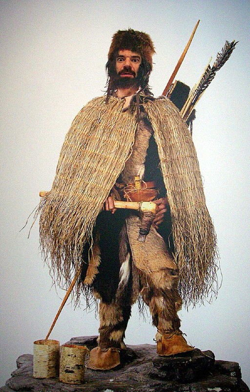 A reconstruction of Otzi, with his fur hat made from brown bear pelt.