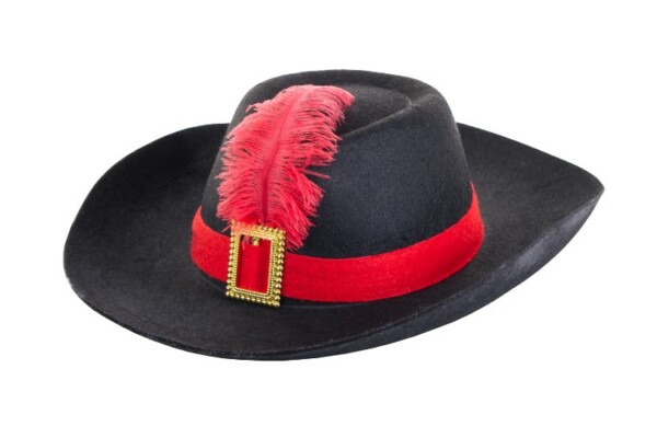 Black fedora style har with a red feather