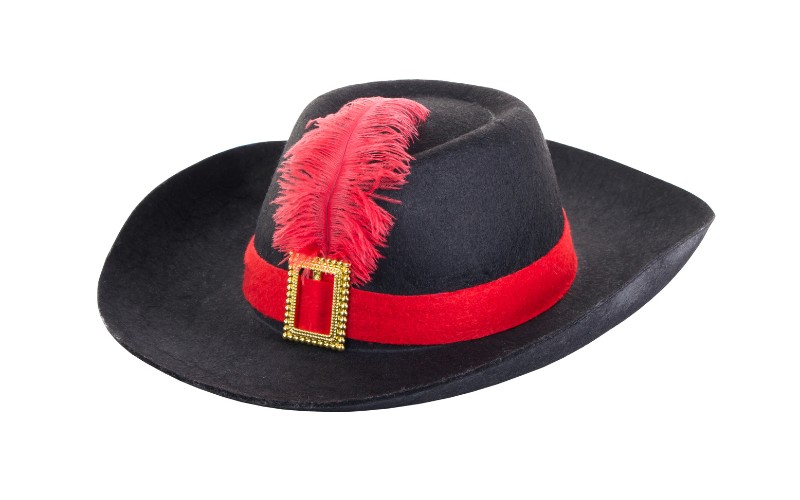 Black fedora style har with a red feather