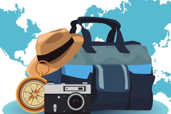 Cartoon of hat and luggage in front of map of the world.