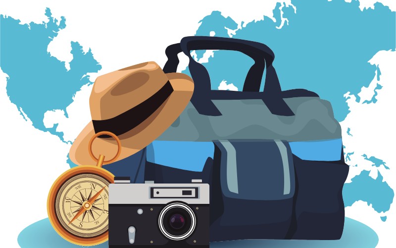 Cartoon of hat and luggage in front of map of the world.