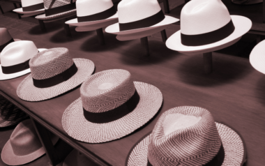 panama hats lined up in a store