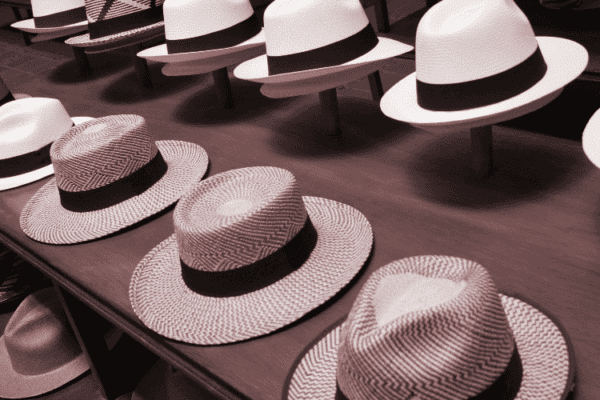 panama hats lined up in a store